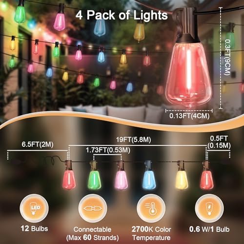 LAMPHOME 4-Pack 26Ft ST38 Outdoor String Lights, Multicolor Patio Lights with 48+4 ST38 Edison LED Shatterproof Colorful String Light for Outside Bistro Christmas Patio Party Decorations - Image 4