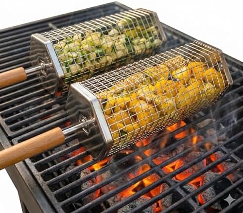 2 Pack Rolling Grill Basket – Stainless Steel Grilling Basket with Lid and Removable Wooden Handle – BBQ Accessories for Vegetables, Shrimp, Meat – Outdoor Cooking Gift for Dad or Husband – Otawe by Unknown