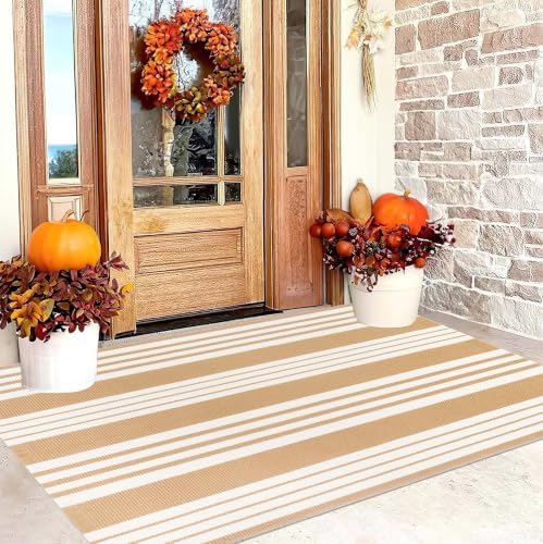 Fall Washable 3'x 5'Outdoor Rug,Khaki and White Washable Front Porch Rug - Image 2