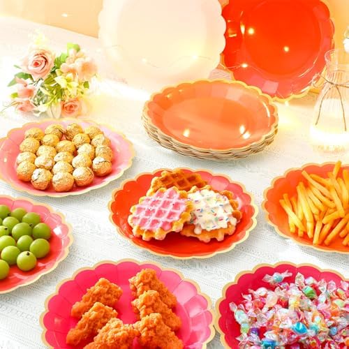 48 Pcs Pink and Orange Paper Plates 9 Inch Scalloped - Image 2