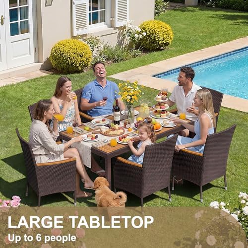 Devoko 7 PCS Acacia Wood Patio Dining Set, Brown Rattan - Image 2