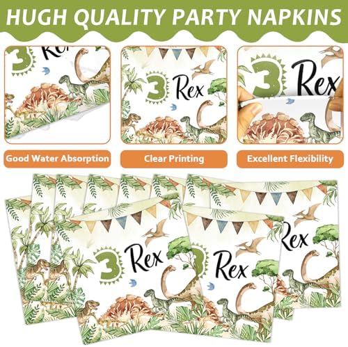 96PCS Dinosaur 3rd Birthday Party Paper Plates and Napkins and Forks Set Watercolor Dino Rex Tableware Set Three Rex Theme Dinnerware Paper Plates for Kids Birthday Gatherings Decorations - Image 4