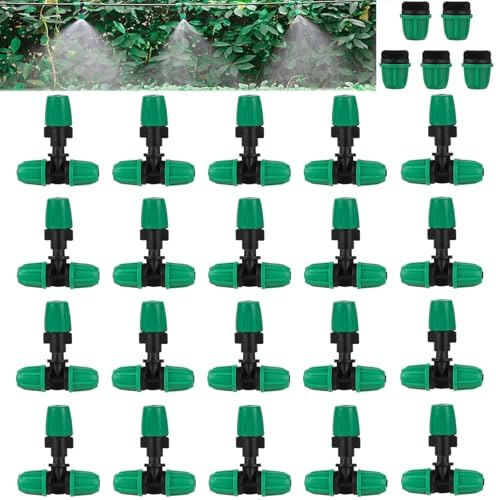 Drip Irrigation Misting Nozzle Kit, 45Pcs Drip Irrigation Parts with 20Pcs 4/7" to 1/4" Barbed Tee Connectors, 20Pcs 1/4" Green Atomizing Misting Nozzles, 5Pcs 4/7" End Caps for Garden Watering by NRWRTY