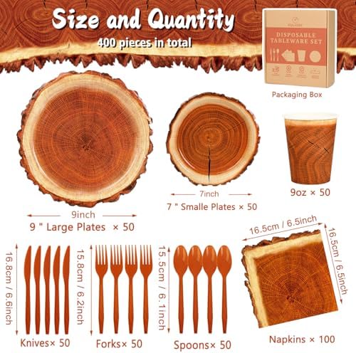 400 Pieces Camping Wood Grain Slice Party Supplies Set Paper Plate Cup Napkin for Camping Woodland Baby Shower Lumberjack Birthday Featuring a Round Wooden Slice Die Cut Edge Design Serve 50 - Image 2