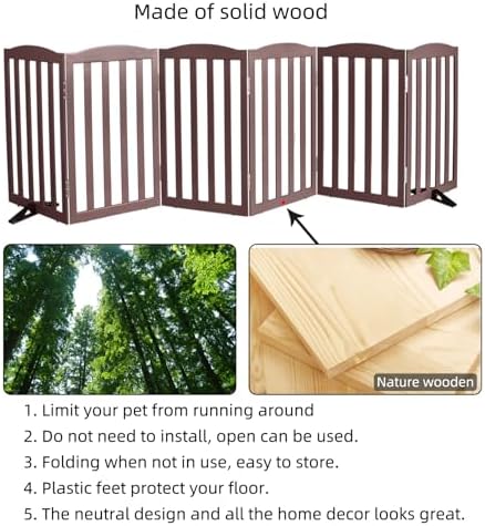 Freestanding Dog Gate Indoor,Doggie Gate Foldable Pet Gates for Doorways,Stairs or Hallways, Wooden Brown Pet Gate for the House, Pet Fence with Support Feet Included,32 "Height-6 Panels - Image 6