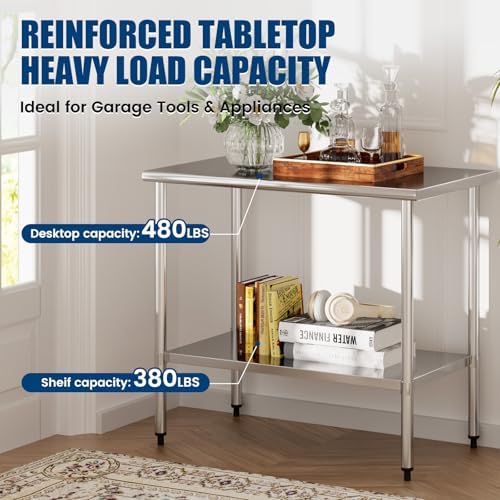 Stainless Steel Work Table 24 x 48 Inch with Adjustable Undershelf, Heavy-Duty Metal Prep Table for Commercial Kitchen & Restaurant, Garage, Outdoor - Image 2