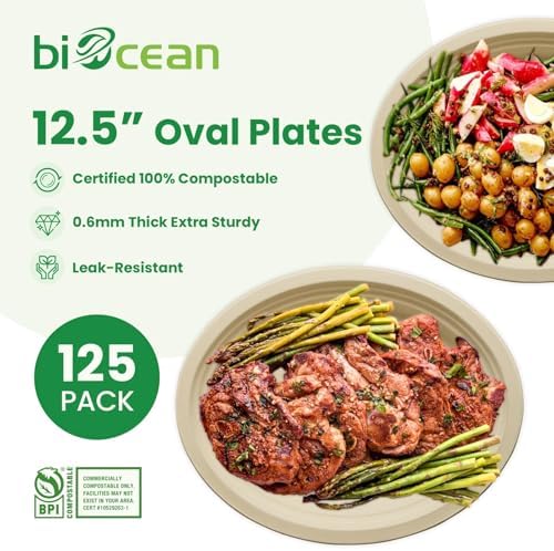 12.5 Inch Compostable Oval Plates [125-Value Pack] - Sustainable and Heavy-Duty Compostable Paper Plates, Natural Sugarcane Bagasse Biodegradable Plate, Natural Brown - Image 2