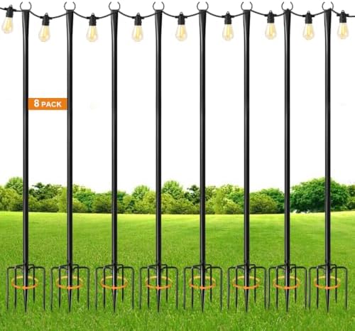 MuliVid All Pack String Light Poles for Outdoor,Metal Light Hanging Pole Outside with Fork,Light Stand for Patio, Pergola, Garden, Backyard, Yard, Camping Party (8 Pack) by Unknown