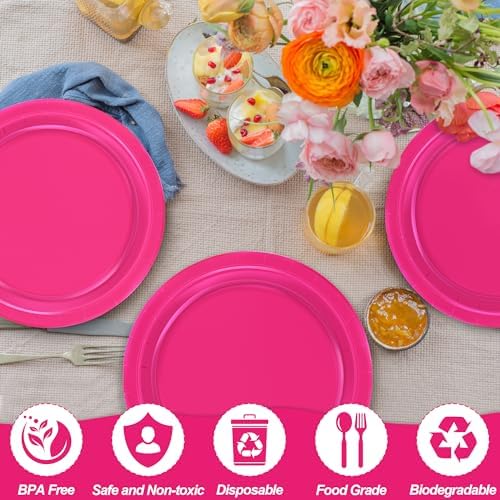 50 Pieces of Hot Pink Paper Plates 9" Round Sturdy Fuchsia Tableware Set - Image 3