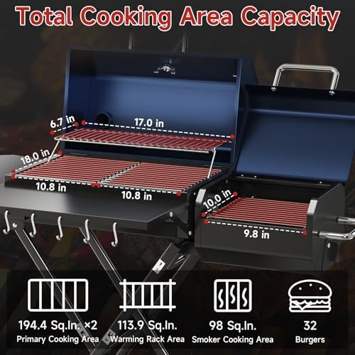 Portable Charcoal Grill with Smoking Function, Foldable Suitcase Design with Wheels, Multi-Tier Storage Rack & Waterproof Cover for Outdoor BBQ Parties (Blue) - Image 4