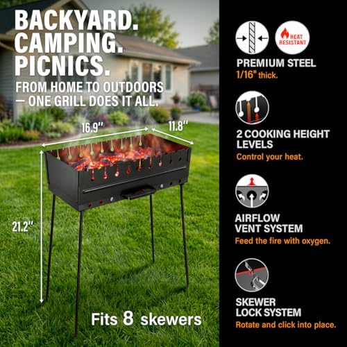 Charcoal Grill for 8 Skewers - Portable Barbecue 16.9""×11.8""×16.9"" Kabob Camp Grills - Foldable Metal Mangal - Kebab Shish - BBQ for EDC Picnic Outdoor Cooking (Skewers Not Included) - Image 2