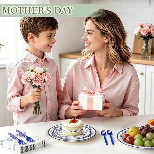 100 Pcs Disposable Blue and White Floral Tableware Set for 25 Guests - Image 4