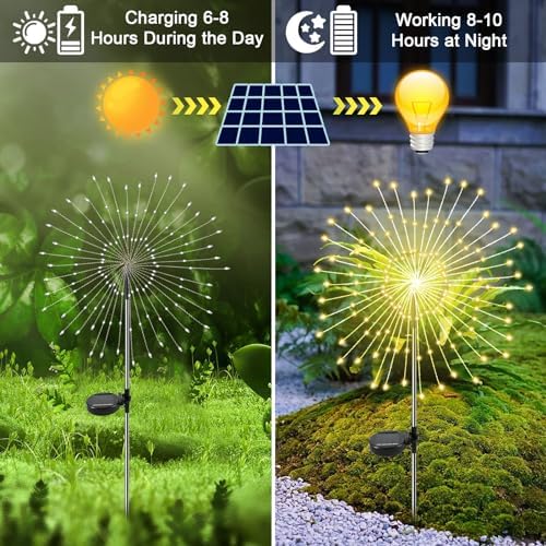 Solar Garden Lights Outdoor, 6 Pack 120 LED Twinkling Firework Lights Decorative with 2 Modes, Outdoor Waterproof Solar Starburst Light for Outside Yard Pathway Garden Decor, Warm White - Image 3
