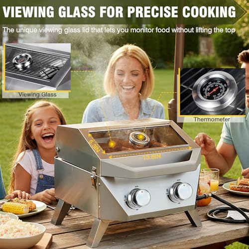 BESTFIRE Tabletop Gas Grill with 2 Burners & Viewing Glass Lid, 20,000 BTU Stainless Steel Portable BBQ Grill with Thermometer, Push-Button Ignition for Outdoor Patio, Camping, RV, Tailgating - Image 5