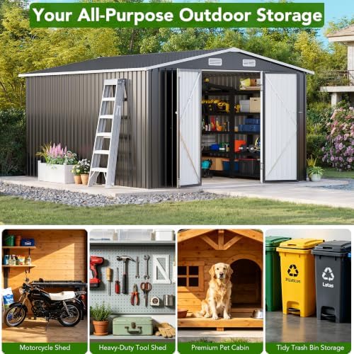 MXV 12 x 10FT Outdoor Storage Shed, Metal Garden Shed with Windows, Double Lockable Doors & Sloped Roof, Waterproof Tool Sheds for Backyard Garden Patio Lawn, Black - Image 7