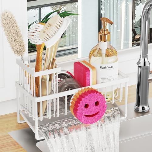 Sponge Holder for Kitchen Sink,Smiley Face Sink Caddy with Removable Brush Holder,Self-Draining Sponge Caddy for Sponge,Soap,Dish Brush,Scrubber,Kitchen Essentials and Gadgets-White by Taugast