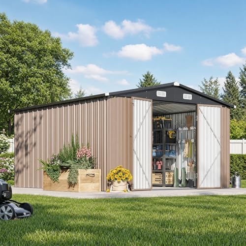 Aoxun 12 x 10FT Outdoor Storage Shed with Double Hinged Large Door, Brown by Aoxun