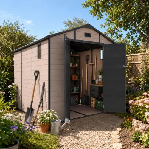 8x10 FT Plastic Outdoor Storage Shed with Lockable,Window & Floor,Champagne - Image 2
