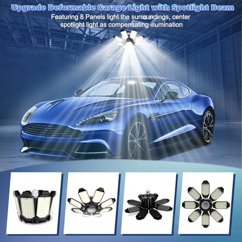 Garage Lights - Super Bright 25000LM Garage Lights Ceiling Led w/ 8 Deformable Panels 6500K Led Light Bulb Srew in E26/E27 Socket with Adjustable Center Spotlight for Barn Workshop Attic - Image 2