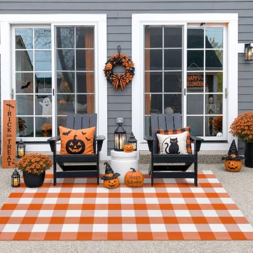 IOHOUZE Fall Buffalo Plaid Outdoor Rug 4x6, Washable, Orange White - Image 4