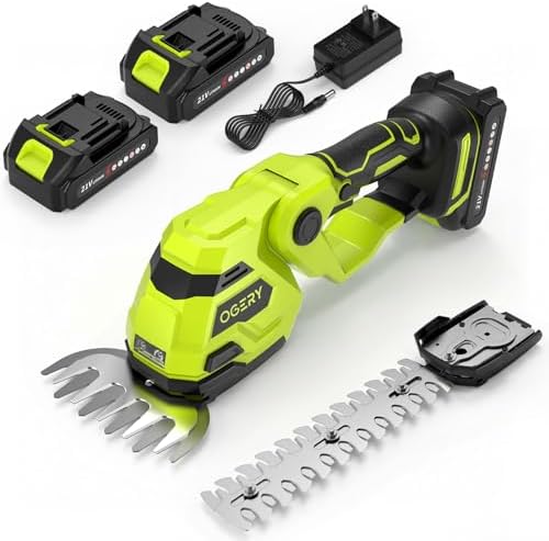 OGERY 21V Cordless Hedge Trimmer & Grass Shears, 2-in-1 Powerful Dual Batteries Electric Bush Trimmer with 8.9” Hedge Blade & 5.1” Grass Trimmer, Adjustable Angle, Lightweight for Garden & Lawn Care by OGERY