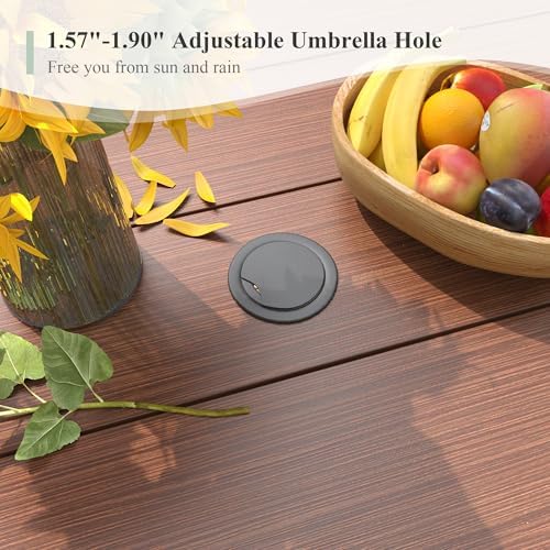 Outdoor Dining Table for 6, 50" Round Outdoor Table with Adjustable Umbrella Hole, All-Weather Metal Patio Dining Table for Lawn Garden Backyard Deck, Walnut - Image 3
