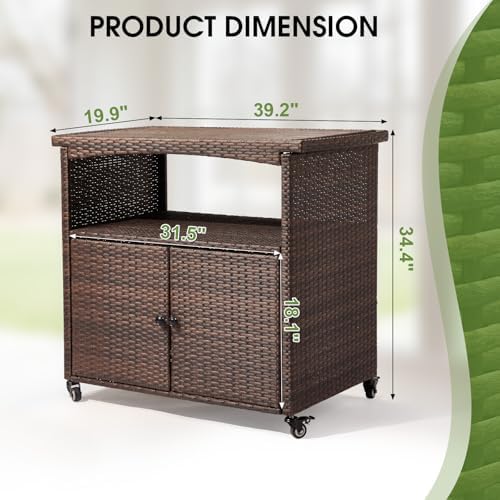 VINGLI Outdoor Storage Cabinet with Wheels, Waterproof Woven Rattan with Double Magnetic Doors, Mobile Multi-Purpose Cabinet for Storage, Buffet Server, Bar Table, Potting Bench (Wood Top) - Image 2