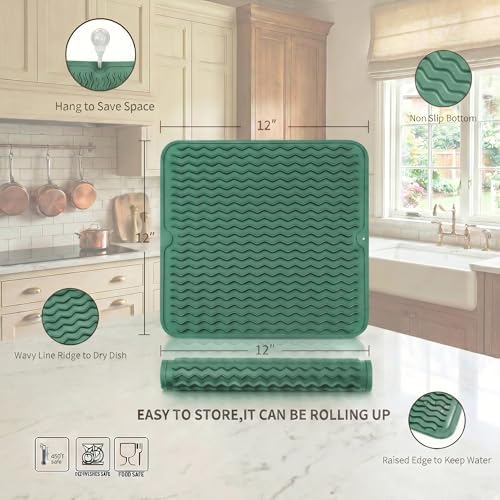 MicoYang Silicone Dish Drying Mat for Multiple Usage,Easy clean,Eco-friendly,Heat-resistant Silicone Mat for Kitchen Counter or Sink,Refrigerator or Drawer liner Green M 12 inches x 12 inches - Image 2