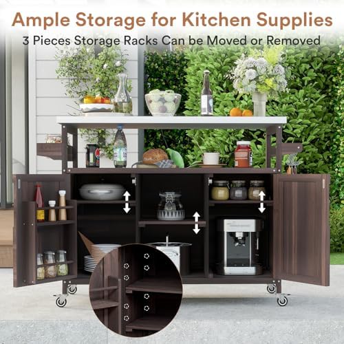 Zevemomo Outdoor Grill Cart with Storage, Lockable Casters, Brown - Image 5