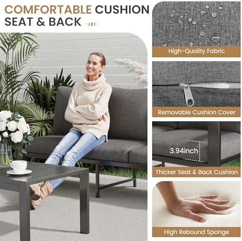 Aluminum Patio Conversation Sets All-Weather Sectional Outdoor Furniture Set with Coffee Table & Cushions with Removable Covers for for Backyard, Garden and Poolside Easy Assembly(Gray) - Image 3
