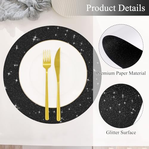 30 PCS Black Paper Placemats Round Place Mat Glitter Disposable Paper Chargers Party Tablemats for Halloween Birthday Wedding Bachelorette Party Dinner Table Decor (13x13inch) - Image 3