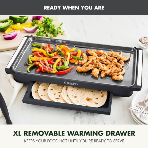 GreenPan Advanced 10.5”x 20” Electric Griddle with Warming Drawer, Ceramic Nonstick PFAS-Free Coating, Temperature Control, Easy and Versatile Countertop Meals, Dishwasher Safe, Graphite - Image 5