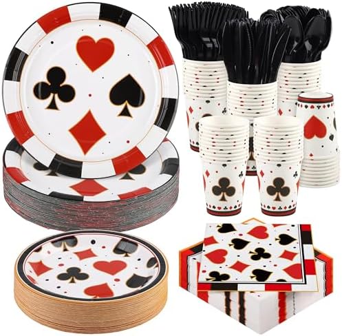 Kochorie 400 Pieces Casino Print Disposable Tableware Sets, Las Vegas Party Supplies Set with Plates Cups Napkins Cutlery Serves 50 for Birthday Poker Club Casino Theme Party Decorations by Kochorie