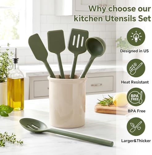 Silicone Kitchen Cooking Utensils Set – 5Pcs Extra Long & Thick Heat Resistant Kitchen Gadgets, BPA Free Non-Stick Cook Tools for Food Prep, Frying, Serving and Basting - Image 5