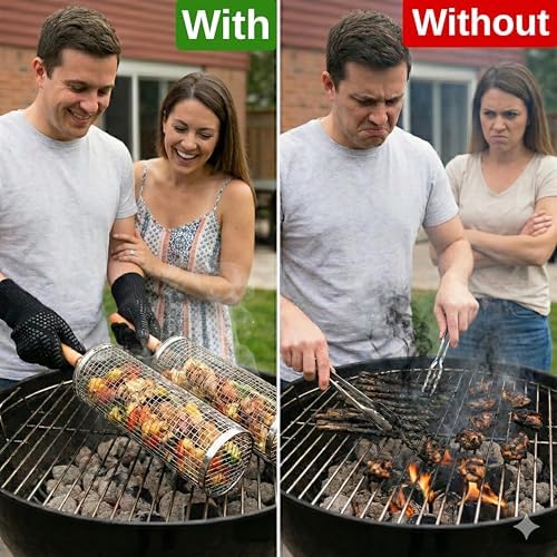 2 XL Rolling Grill Basket For Veggies Removable Wooden Handle 304 Stainless Steel Nesting Smoker Net BBQ Grilling Accessories Tools Kebab Fish Vegetable Steamer Basket Camping Cooking Outdoor Kitchen Food Rotisserie Barbeque Cooking Grilling Gifts For ... - Image 2
