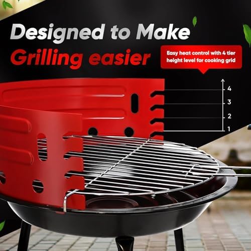 GasOne Charcoal Grill – Barbecue Grill with 4 Levels for Flame Control – Dual Venting System – Portable for Backyard, Camping, Boat, Red - Image 5