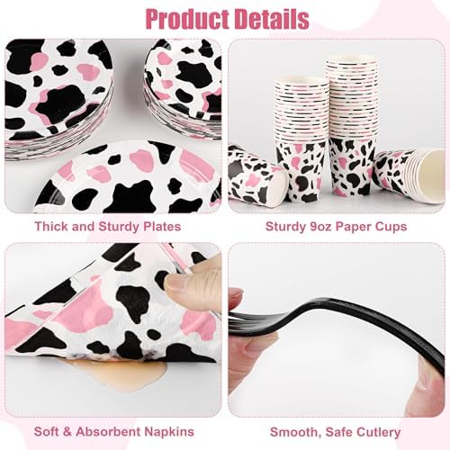 Kochorie 350 PCS Pink Cow Print Party Supplies Set for 50 Guests Includes Cowgirl Pink Cow Party Plates Cups Napkins Utensils for Western Birthday, Baby Shower, Bachelorette Disposable Tableware - Image 3