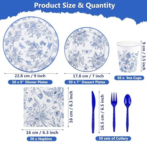 Kochorie 350 PCS Blue Floral Party Supplies Set for 50 Guests Includes White & Blue Floral Plates Cups Napkins Utensils for Spring Dinner, Garden Party, Birthday, Disposable Tableware - Image 2