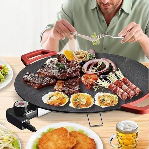 Electric Smokeless Grill, Non-Stick BBQ Griddle with Temperature Control, Round Cooking Surface with Red Handles, Indoor Barbecue Pan for Meat and Seafood (11) - Image 2