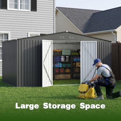 14 x 12 FT Outdoor Storage Shed, Heavy-Duty Galvanized Steel Tool Shed with Reinforced Frame, Lockable Double Door & Side Vents for Backyard Large Equipment,Dark Gray - Image 4