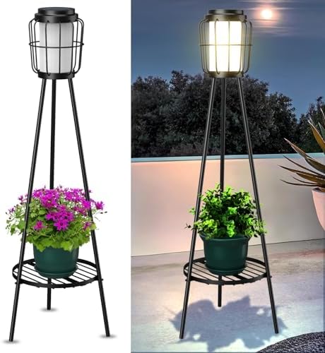 MXwcy 2 Pack Solar Lights Outdoor with Plant Stand, Waterproof Solar Floor Lamp & Tall Metal Planter Holder for Outside, Decorative Tripod Pathway Lantern for Patio, Garden, Porch, Yard Decor by MXwcy
