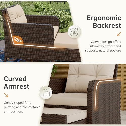 LHBcraft 5 Piece Patio Furniture Set, PE Wicker Outdoor Furniture Set with Soft Cushions & Coffee Table, Outdoor Lounge Chairs with Ottoman for Porch, Lawn, Balcony, Beige-Brown - Image 6