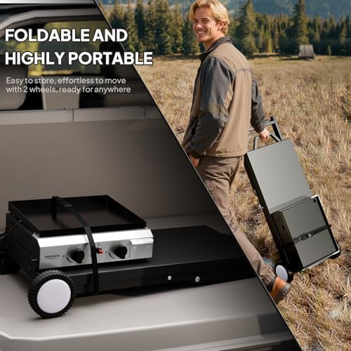ROVSUN 2 Burner Foldable Propane Griddle with Wheels & Enameled Tray, 20000 BTU Portable Flat Top Gas Grill with Electronic Ignition & Regulator for Outdoor Cooking Camping BBQ Tailgating Picnicking - Image 3