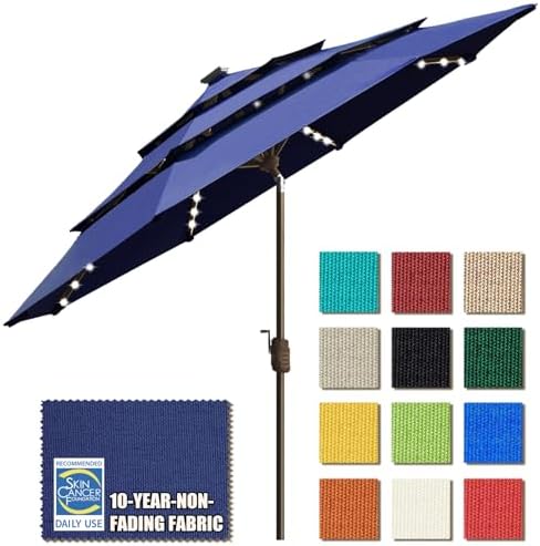 EliteShade USA 10-Year-Non-Fading 9ft 3-Tier Market Patio Umbrella, Commercial Table Umbrella with 80 Solar LED Lights, Crank Open, Windproof & UPF 50+ UV Protection for Garden, Deck, Pool, Backyard, Navy Blue by EliteShade