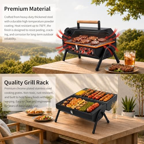 Tabletop Charcoal Grill, Portable Foldable Tabletop BBQ Grill with Dual Sided Griddle & Grill, Compact Folded Design, Thickened Body for Camping, Picnic & Outdoor Cooking - Image 7
