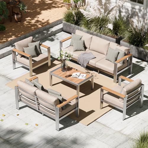 Aluminum Outdoor Patio Furniture Set with Coffee Table, 5 Piece Outdoor Conversation Sets with Washable Thick Cushions, Patio Sectional Furniture Set for Porch, Lawn, Garden, Silver by Oasbira