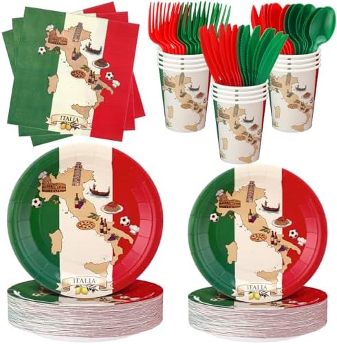 FoldTier 350 Pcs Italian Flag Plates and Napkins Party Supplies Disposable Paper Tableware Set Red White and Green Italian Flag Party Decorations for Holiday Festival Family Serve 50 Guests by FoldTier