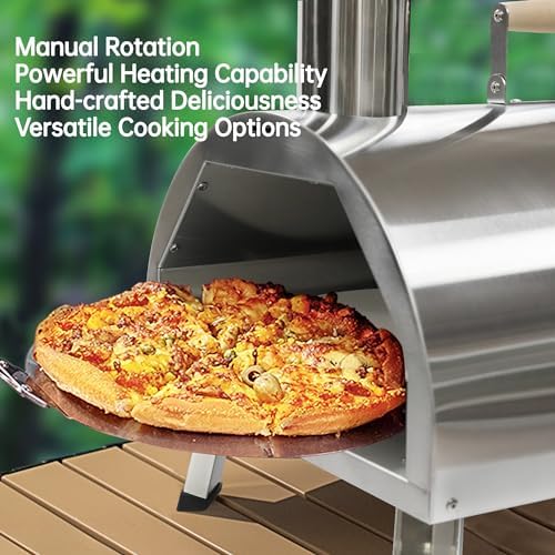 Silver Pizza Oven Outdoor 12" Semi-Automatic Rotatable Pizza Ovens Portable Stainless Steel Wood Fired Pizza Oven Pizza Maker with Built-in Thermometer Pizza Cutter Carry Bag - Image 2