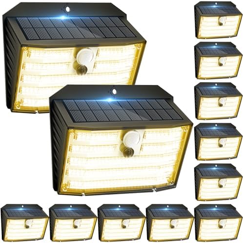 [12 Packs] Solar Motion Lights Outdoor, Ultra Bright Solar Fence Lights with Motion Sensor, IP65 Waterproof Security Light 3 Modes, 270° Lighting Angle, Wall Lights for Deck Patio Fence Garage Door by Claoner