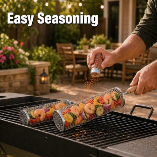 Rolling Grill Basket Set of 2, XL 304 Stainless Steel Grill Baskets for Outdoor Grill, Large BBQ Basket with Removable Wooden Handle for Vegetables, Fish, Wings, Shrimp and Camping - Image 6